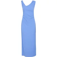 Blue sleeveless women's dress with a V-neckline and fitted waist, featuring a long, straight silhouette.