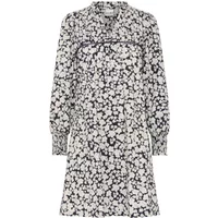 Black and white floral women's dress by Ichi with long sleeves and a high neckline.