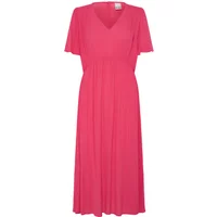 Pink women's dress by Ichi, short sleeves, V-neck, flowing knee-length skirt.