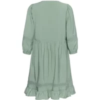 Green KAFFE Carrie women's dress with puff sleeves, gathered waist, and ruffled hem.