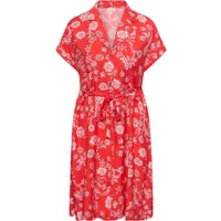 Red floral wrap dress with short sleeves, V-neck, and waist tie by KAFFE Curve Anima.