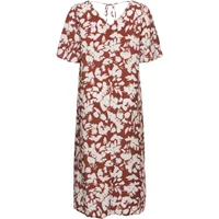 Red and white floral KAFFE Curve Evia women's dress with short sleeves and a knee-length cut.