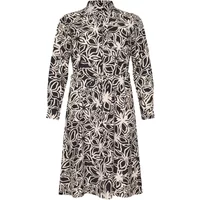Black and white floral print women's dress with long sleeves and a collared neckline by KAFFE Curve.