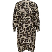 Black and beige geometric print women's dress with long sleeves and a V-neckline by KAFFE Curve.