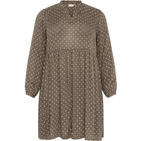 Brown KAFFE Curve KCBetty dress with white polka dots, long sleeves, and a gathered waist.