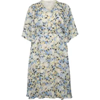 Floral KAFFE Curve KCElana women's dress with V-neck, elbow-length sleeves, and pastel blue and yellow pattern.