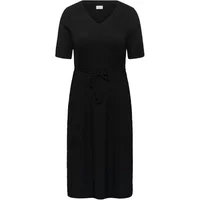 Black KAFFE Curve KCIvena women's dress, short sleeves, V-neck, knee-length, with waist tie.