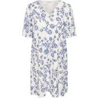 White KAFFE Curve KCLula dress with blue floral pattern, short sleeves, and V-neckline.
