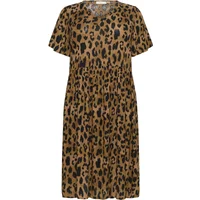 Brown leopard print short-sleeve dress with a gathered waist by KAFFE Curve, knee-length with a round neckline.