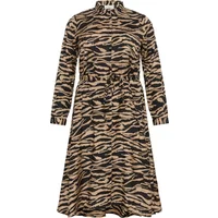 Brown and black tiger print long-sleeve dress with button front and waist tie by KAFFE Curve.