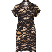 KAFFE Curve Lana women's dress with short sleeves, button front, and abstract brown and black wave pattern.