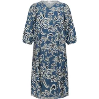 Blue KAFFE Curve Mahlia dress with white floral pattern, V-neck, and elbow-length puff sleeves.