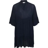 Black KAFFE Curve Mariana dress with V-neck, ruffled sleeves, and pleated skirt detailing.