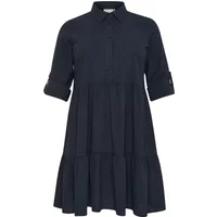 Navy blue KAFFE Curve Nana dress, knee-length, button-up front, three-quarter sleeves, tiered skirt, collared neckline.