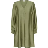 Green KAFFE KAlufia women's dress with V-neck, long puff sleeves, and buttoned front.