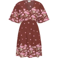 Brown KAFFE Rosine women's dress with pink floral pattern and short sleeves.