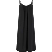Black sleeveless women's dress with thin straps and flowing A-line silhouette by Nou Sharon V2.