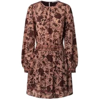 Pink and brown floral long-sleeve dress, round neckline, cinched waist, knee-length, by Pepe Jeans.