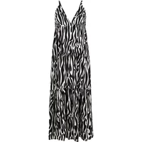 Black and white zebra-patterned maxi dress with a deep V-neck and spaghetti straps.