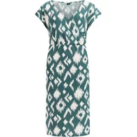 Teal and white geometric print women's dress by Protest Delmar with short sleeves and a V-neckline.