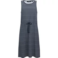 Sleeveless navy dress with subtle stripes, round neckline, and adjustable waist tie.