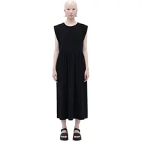 Black sleeveless midi dress by Rita Row Tulula, featuring a gathered waist and round neckline.