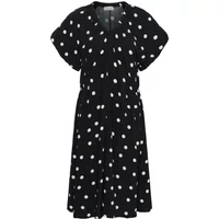 Black Soaked in Luxury Arjana Balloon dress with white polka dots, short sleeves, and a V-neckline.