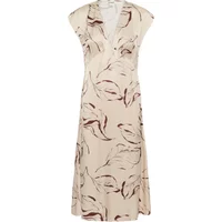 Beige women's dress with cap sleeves, v-neck, and abstract maroon leaf pattern by Soaked in Luxury Clero.