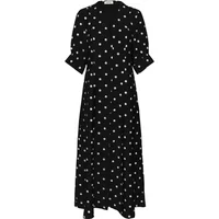 Black Soaked in Luxury Idola women's dress with white polka dots, V-neck, and three-quarter sleeves.
