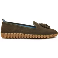 Brown suede espadrilles with braided sole and tassel detail, blue inner lining, by El Cielo Diana.