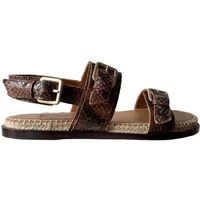 Brown women's espadrilles by Odaje, featuring snake print straps, adjustable buckles, and woven jute sole.