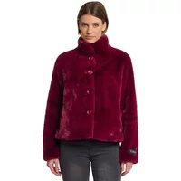 Burgundy faux fur fleece jacket by Rino & Pelle with high collar and button closure.