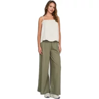 Olive green flared cotton trousers for women, high-waisted with wide legs, styled with a white sleeveless top.