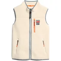 Cream fleece vest with zip front, high collar, and orange accents, featuring Superdry logo patch on chest.