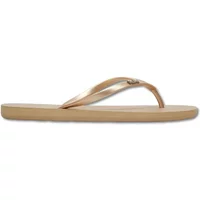Beige Roxy Viva VI women's flip-flops with metallic gold straps and a flat sole.