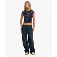 Women's black mesh T-shirt with floral flocked pattern, short sleeves, and fitted style by Superdry.