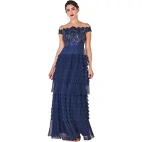 Navy blue Bardot maxi dress with frilled knit layers and lace detailing by Goddiva.