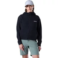 Black women's full zip hoodie with Rossignol logo on chest, worn by model with light green shorts and cap.