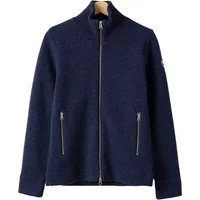 Navy blue women's full zip jumper with high collar and two front zip pockets.