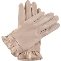 Beige women's gloves by Greenpoint with ruffled cuffs and smooth texture.