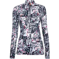 Women's half-zip sweater DEGRE7 Veyrand, abstract black and white pattern with red accents, long sleeves.