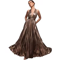 Women's halter neck trapeze dress by Goddiva, metallic bronze with pleated maxi skirt and fitted waist.