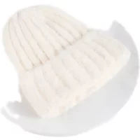 Cream ribbed knit beanie hat with folded cuff, soft texture.