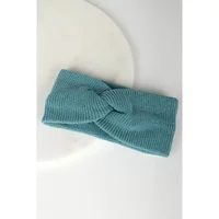 Teal knitted women's headband with a twisted knot design in the center.