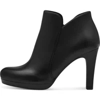 Black Tamaris women's heeled ankle boots with sleek leather finish and high stiletto heel.