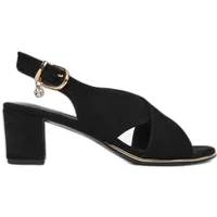 Black Lasocki women's heeled sandals with cross straps, block heel, and ankle buckle strap.