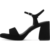 Black Tamaris women's heeled sandals with ankle strap, open toe, and chunky block heel.