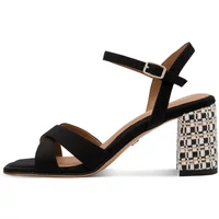 Black Tamaris heeled sandals with cross straps and geometric-patterned block heel.