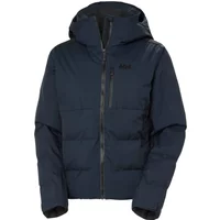 Women's navy Helly Hansen Jell Race Puffer with hood, front zipper, and chest logo.