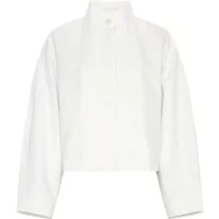 White high neck women's shirt by Moss Copenhagen, featuring long sleeves and a buttoned collar.